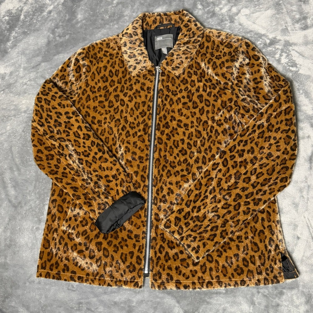 ASOS Womens Large Leopard Cheetah Print Faux Fur Jacket Brown Animal Zip Up Coat
